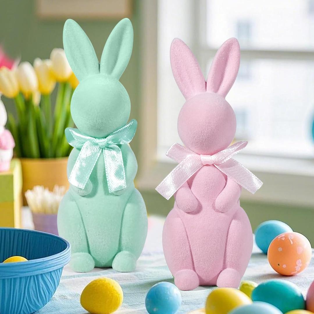 Easter Bunny Decorations, Flocked Bunnies Figurine with Soft Velvet Texture, 5.5" Resin Rabbit Ornaments, Spring Decor for Home Office Table Centerpiece Gift(Green&Pink)
