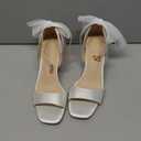 Coutgo Women's Bow Tie Heeled Sandals Chunky Heels One Strap Satin Ankle Buckle Dress Wedding Shoes (6, White)