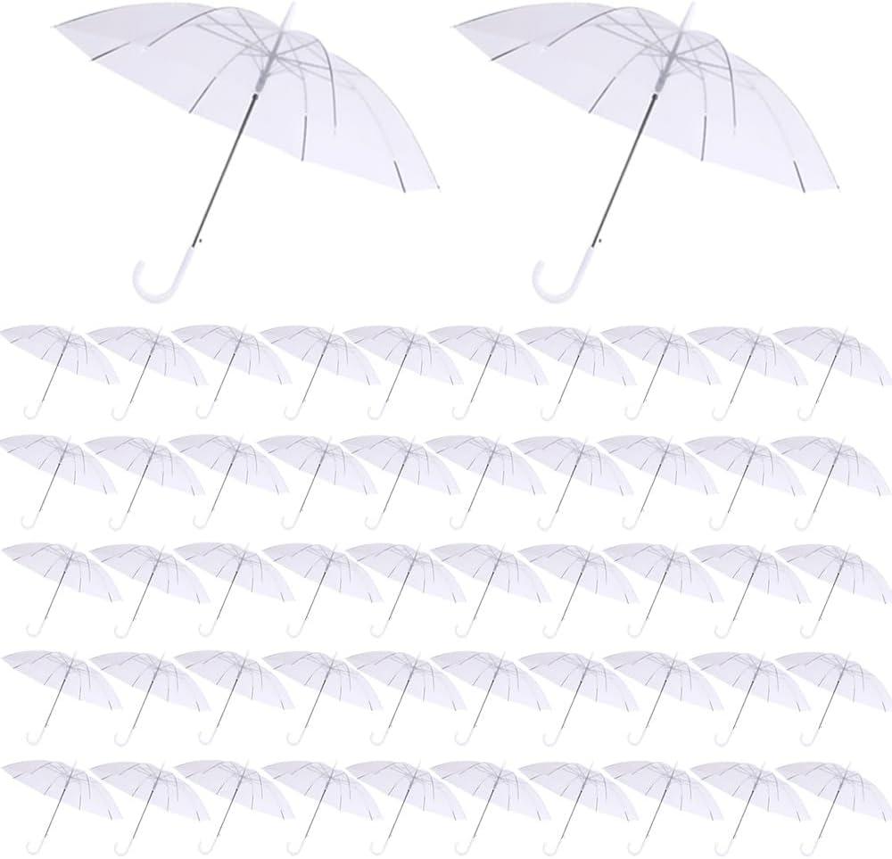 50 Pcs Wedding Clear Umbrella Bulk for Rain, Large Windproof Stick Umbrellas with White J-Hook Handle for Guests, Wedding Bride Groom Photography, Prom, Graduation, Golf, Parties, Transparent Umbrella