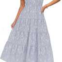 ZESICA Womens 2026 Summer Puff Short Sleeve Midi Dress Floral V Neck Textured Ruffle Flowy Beach Party Dresses (Small, Blue)