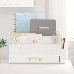 Wooden Desk Organizer,Desktop Organizer File Sorter for Office Supplies, Mail Organizer with Drawer,Desk Accessories & Workspace Organizers for Women White