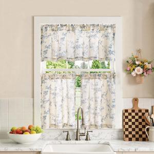 jinchan Floral Kitchen Curtains Set 24 Inch Length Farmhouse Linen Cafe Curtains and Valance Set for Living Room Bathroom Small Window Treatments Rod Pocket 3 Panels Blue on Linen