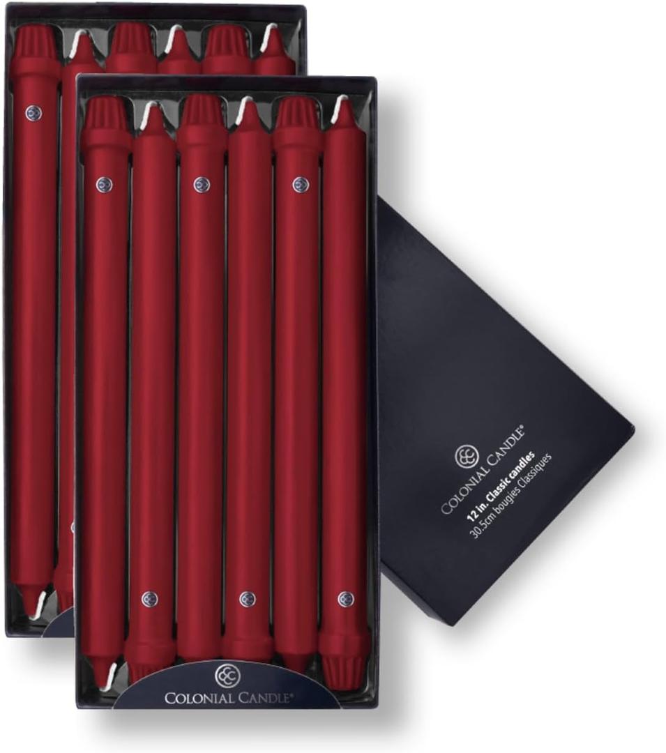 Colonial Candle Unscented Taper Candle, Classic Collection, Traditional Cranberry, 12 In, Pack of 12 - Up to 10 Hours Burn