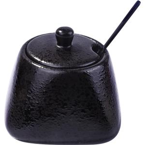 Japanese Black Sugar Bowls with Lid Ceramic Salt Container with Stainless Steel Spoon for Sugar Pepper Spices
