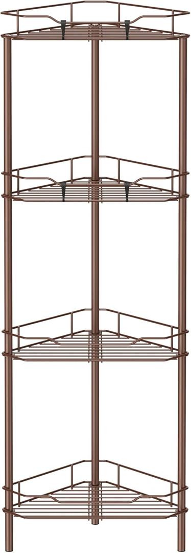 HuggieGems 4 Tier Floor Standing Corner Shower Caddy Organizer Shelf with Hooks, Bathroom Shelves Stand Rack, Coffee