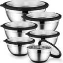 Mixing Bowls with Lids Set of 6 for Kitchen Stainless Steel Metal Nesting Bowls with Non-Slip Bottom Black - Size 1, 1.5, 2, 2.6, 3.5, 7QT