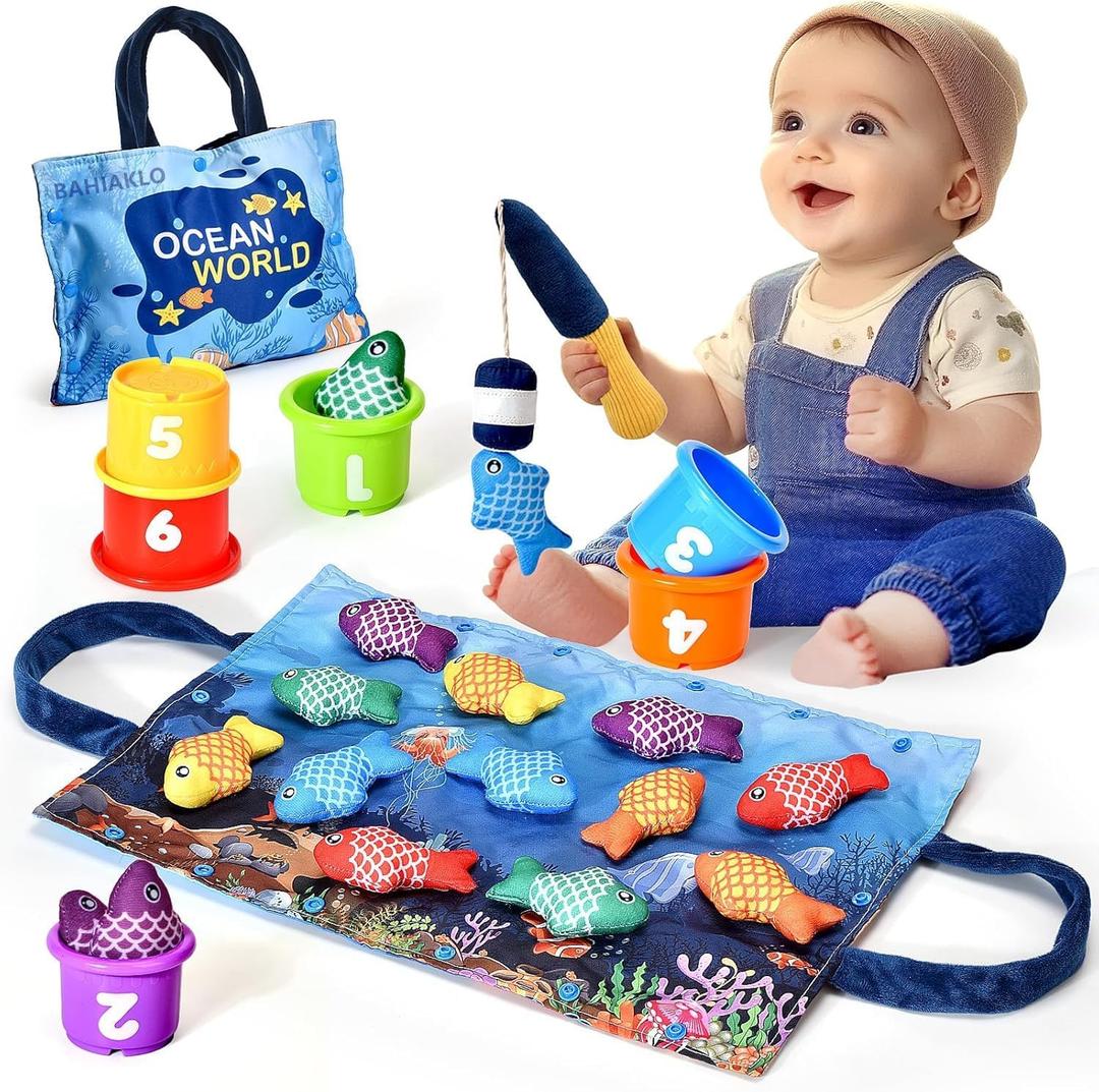 Montessori Toys for 1 Year Old Boy Girl Gifts, Cloth Fishing Game Toddler Toy 1-3, Sorting Learning Baby Toys 6-12-18 Months, Toddler Toys for Baby Easter Gifts (Blue)