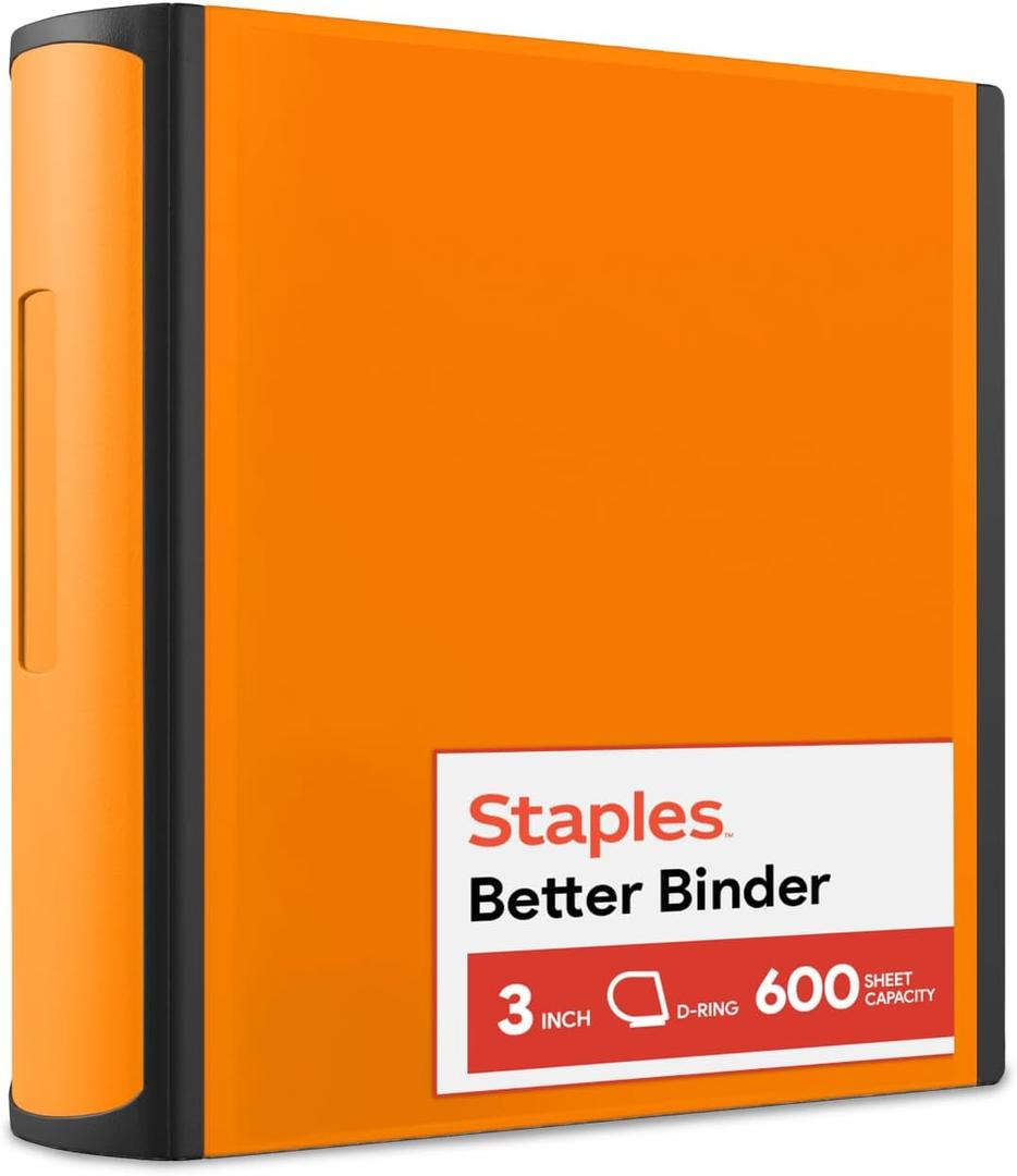 Staples 3" DRing HeavyDuty View Binder, Orange, Durable 3Ring Binder with Reinforced Construction, Holds Up to 600 Sheets for School & Office