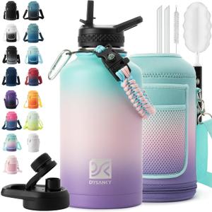 Insulated Water Bottle | Thickened Stainless Steel Vacuum Metal | Portable Sports Half Gallon Large Water Jug for Gym and Hiking with Straw, Carrier Bag, Handle Strap | BPA-Free 64 oz (Hydrangea)