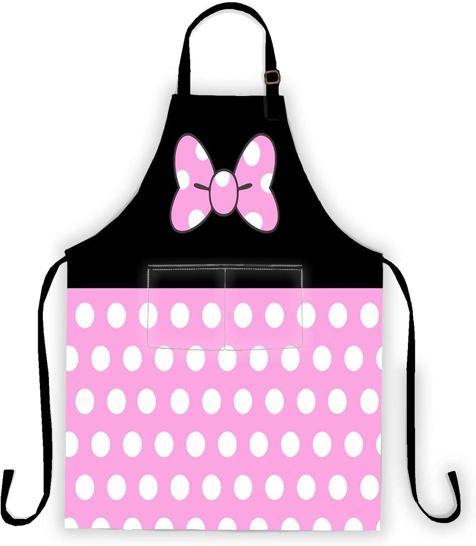 Cartoon Mouse Apron, Polka Dots Aprons for Cute Girl Women Cooking Kitchen Aprons Adjustable Neck Strap with 2 Pockets (Blush Pink)
