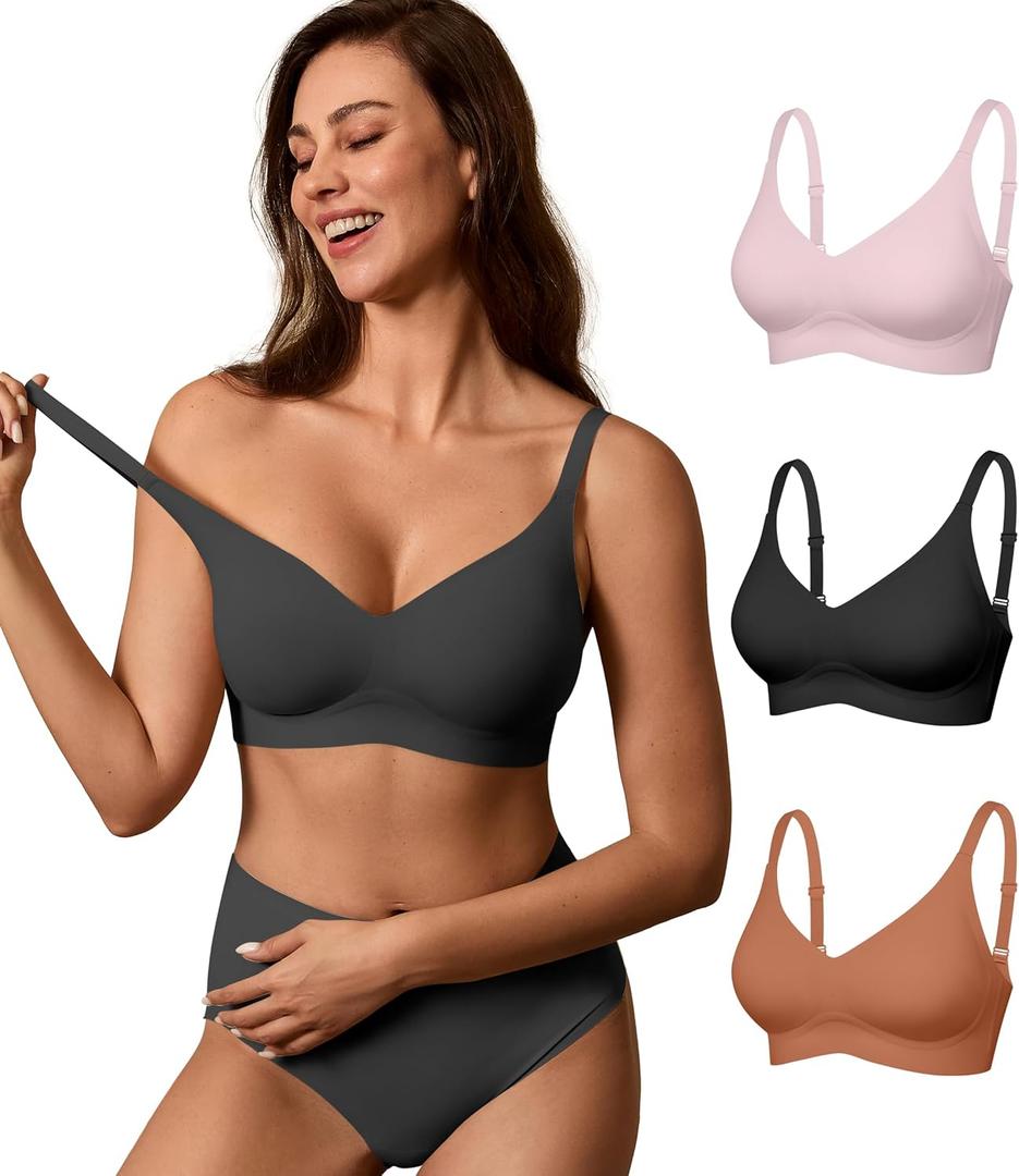 DEANGELMON Seamless Bras for Women No Underwire Comfortable Push Up Bra V Neck Wireless Bralette Full Coverage Wire Free (Medium, Black+pink+coffee)