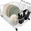 Small Sink Dish Drying Rack, Stainless Steel In-Sink Drainer 13.4" x 11.6" | In sink dish drying rack with removable utensil holder, 8 cup hooks; compact for small kitchens, RVs, apartments and campers.