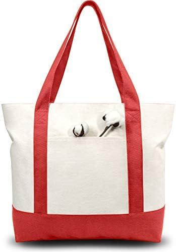 TOPDesign 1-Pack Canvas Tote Bag with an External Pocket, Reusable Grocery Shopping Bag, Top Zipper Closure, Daily Essentials (Red/Natural)