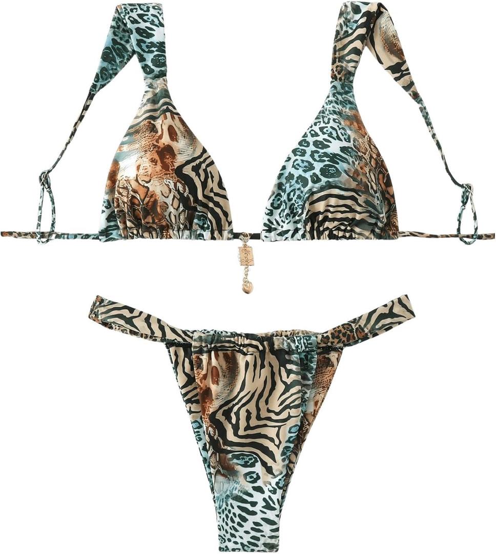 QJQ Women's 2 Piece Cheeky Bikini Sets Leopard Print Tie Back Bathing Suit Sexy Triangle Swimsuit (XS)