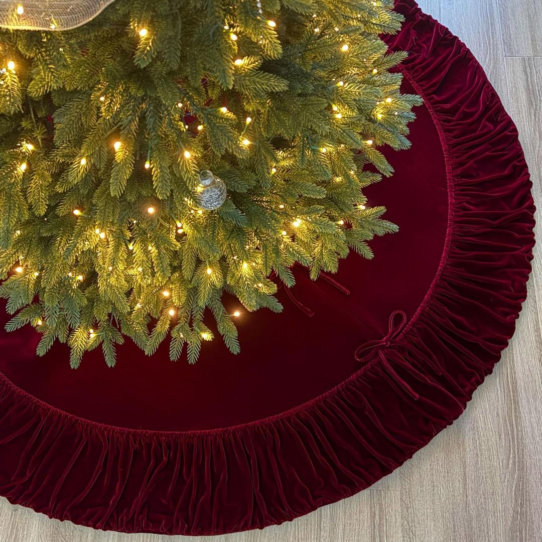 72-Inch Ruffled Velvet Christmas Tree Skirt with Foam Padding, Nylon Backing and Lace-Up Tie Closure, Burgundy