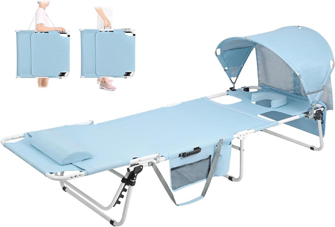 Tanning Chair with Sun Canopy Face Hole, Heavy Duty Folding Chaise Lounge Chair 5 Position Reclining for Adults Outside Reading Sunbathing Poolside Camping Beach, UPF 50+ Sun Shade, 300 LBS (Standard Size, Blue)