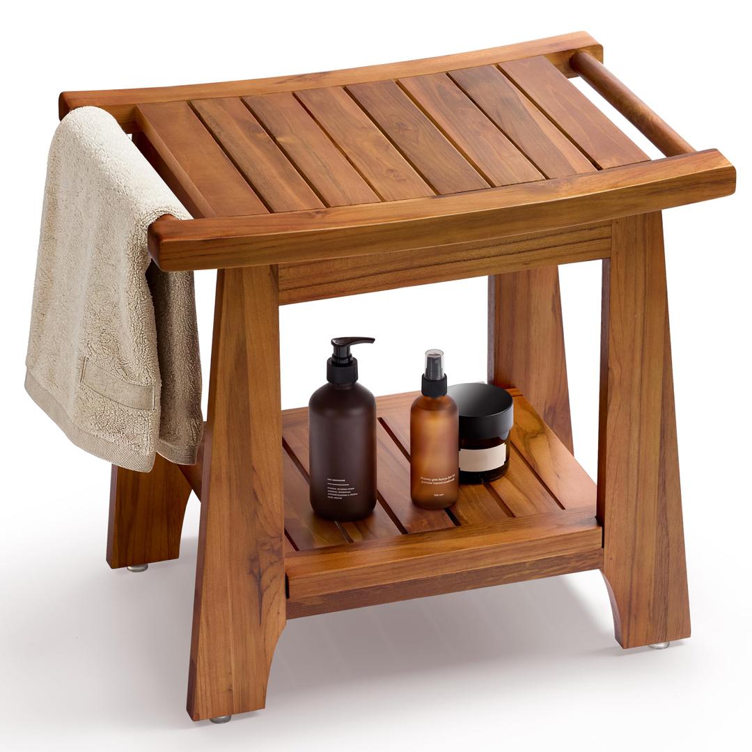 Tinamo 18”L Teak Shower Bench for Inside Shower with Handles, Storage Shelf