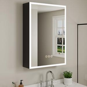 Buruis 24 x 30 Inch Medicine Cabinet with LED Lights and Mirror, Recessed/Wall Mounted Bathroom Cabinet, 3-Color Light, Defogger, Memory Function, Outlet & USB, Dimmer, Black