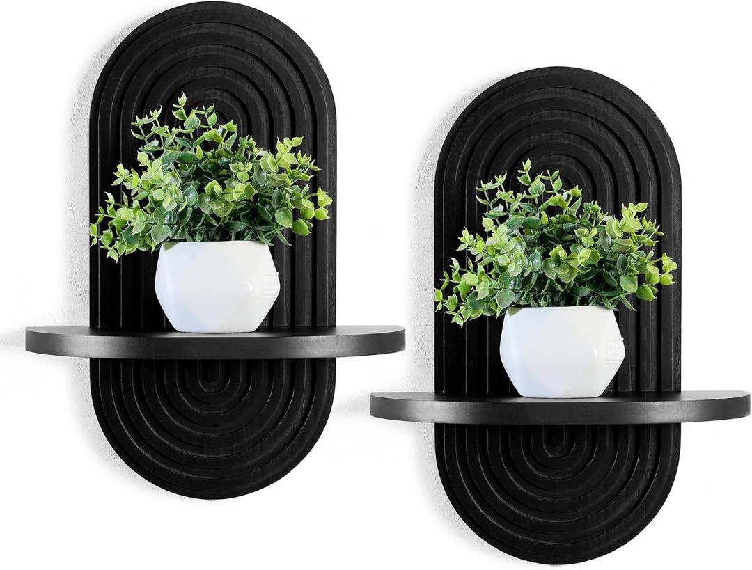 Heiple Set of 2 Boho Arched Floating Shelves 15.7”x 7.8”3D Wooden Hanging Shelf for Living Room Bedroom Nursery Mid Century Modern Wall Decor(Black, 11.7 * 15.7)
