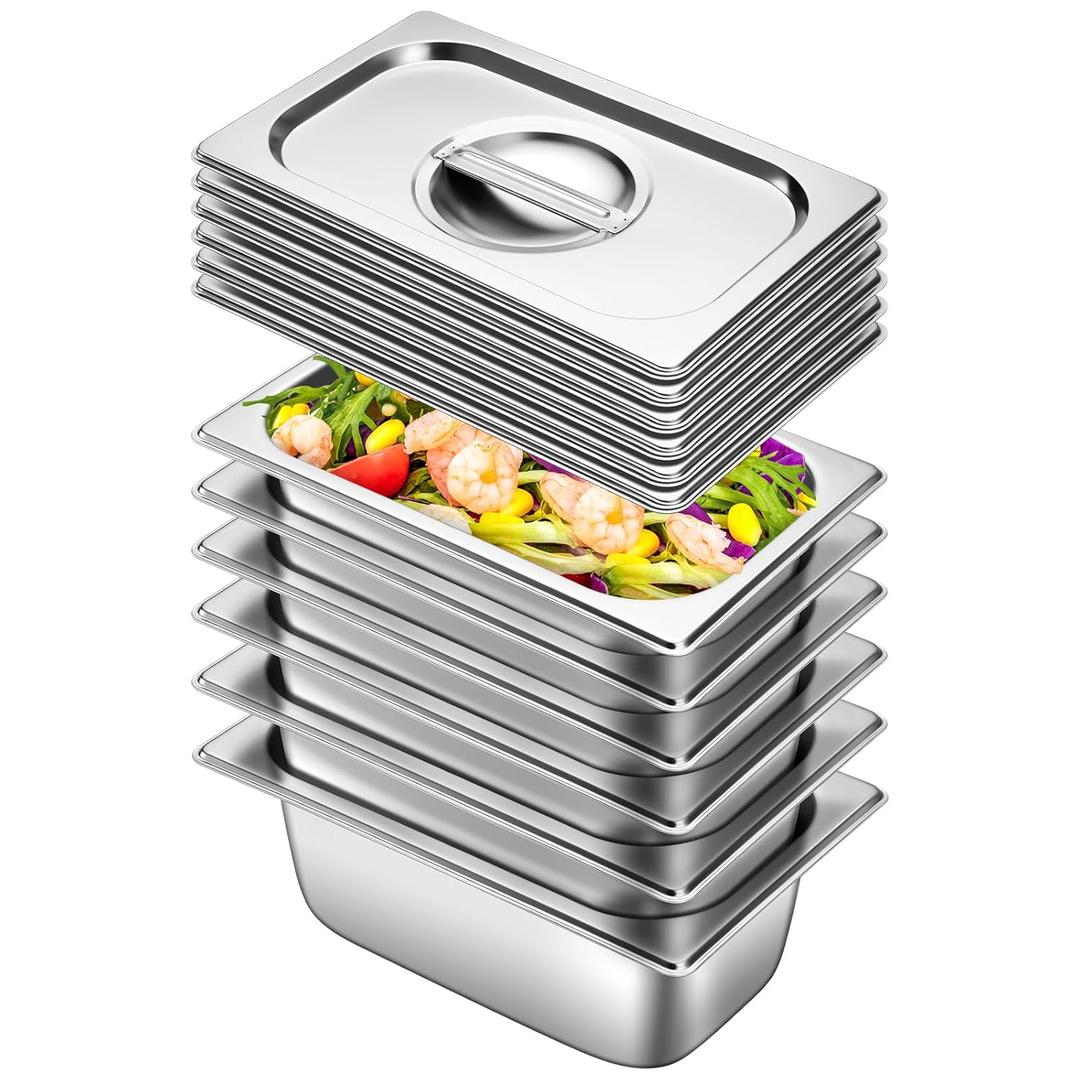 Hotel Pan with Lids 6 Pack 1/4 Size 4" Deep Stainless Steel Steam Table Pan, Commercial Food Pans for Catering Buffet Chafing Dish Pans Metal Steam Tray (1/4 Size x 4 Inch Deep, 6 Pack)