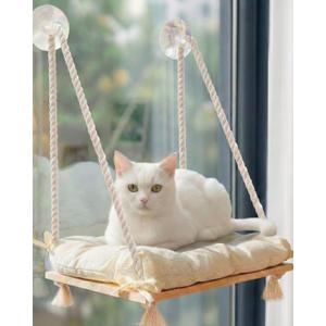 Cat Window Perch with Industrial-Grade Suction Cups - Solid Pine Wood Hammock Bed, Soft Cushion - 42 lb Capacity for Cats Inside (Medium, Beige)