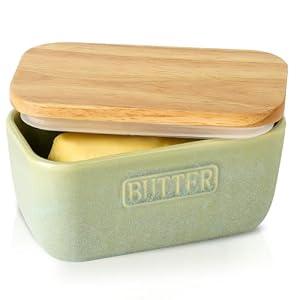 HVH Ceramic Butter Dish with Lid for Countertop, Airtight Butter Keeper with Turquoise Wooden Lid (6 x 3.5 x 2.7)