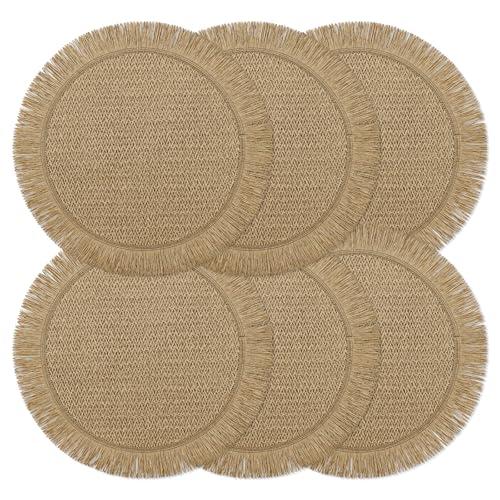fanquare Boho Round Paper Placemats 15'' Set of 6, Rustic Woven Fade-Safe Tablemats,Braided Placemats for Home, Cafe or Events, Brown