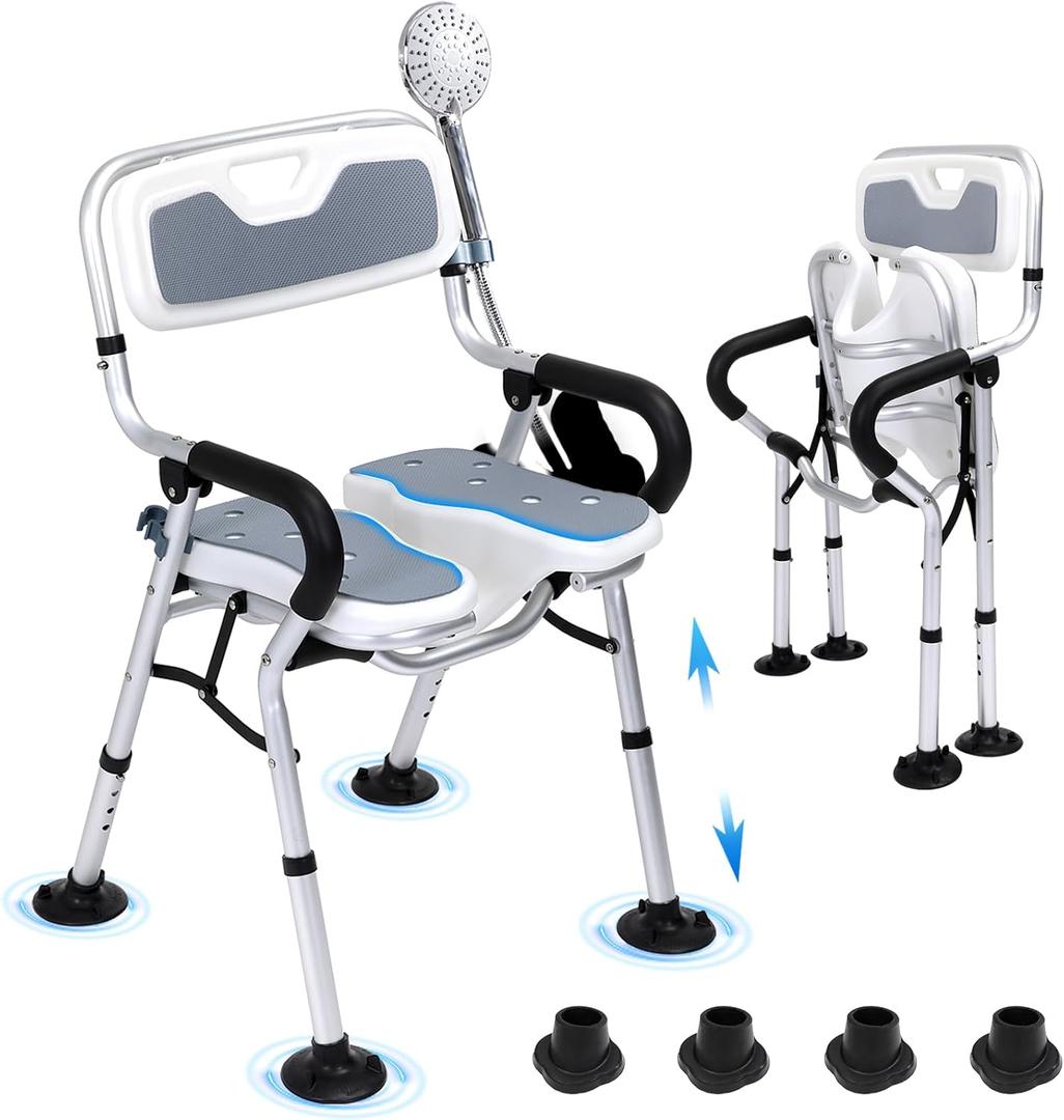 Heavy Duty Shower Chair,U-Shape Seat Foldable Shower Chair for Private Washing, Elderly and Disabled, Adjustable Height Chairs with Padded Arms and Back for Bathroom,350 lbs Capacity