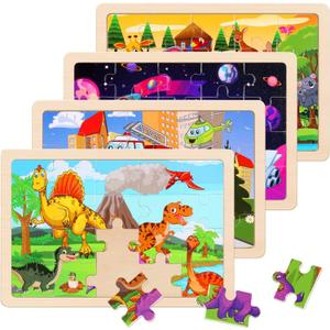 Wooden Puzzles Toys for Kids Ages 3-5, Set of 4 Packs Dinosaur, Space, Transportation Wood Toddler Puzzles, Preschool Brain Teaser Toys for Boys and Girls 2 3 4 5 6 Years Old (Mixed Styles a)