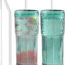 Glass Coffee Cups with Lids and Straws, 20 OZ Green Iced Water Glasses Tumblers for Ice Juice, Tea, Milk, Smoothie and Cold or Hot Drinks, Set of 2