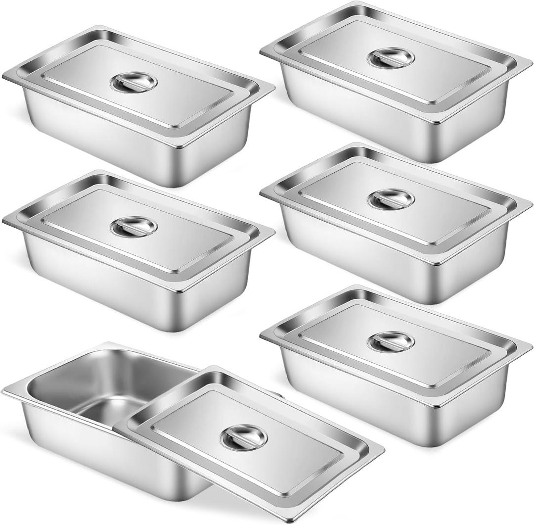 6 Set Stainless Steel Hotel Pans Full Size 4 Inch Deep With Lids, Anti-Jam Chafing Steam Table Pans, Catering Food Storage Metal Pan (1/1)