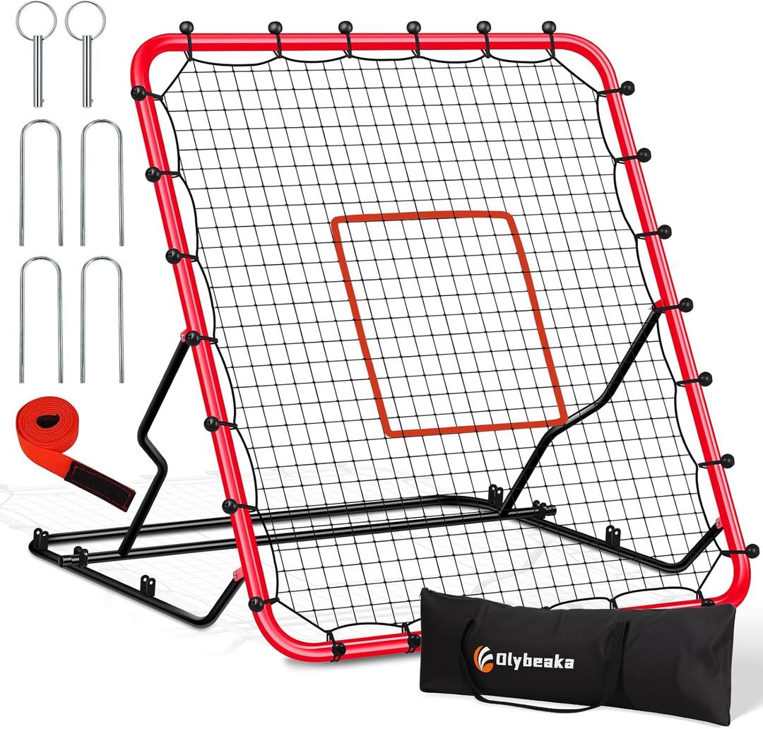 Upgraded Stable Baseball Rebounder Net with 3 Adjustable Angles 48" x 52" Baseball Bounce Back Net Fielding Trainer for Baseball and Softball Rebound Practice with Metal Stakes (Red)