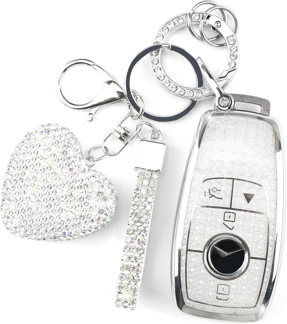 Key Fob Cover Fit for Mercedes with Keychain Compatible with Benz 2017-2021 E-Class 2018-2021 S-Class 2019-2021 A-Class C-Class G-Class, 4 Buttons (Silver)