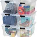 IRIS USA 53 Qt. Plastic Storage Bin Tote Organizing Container with Durable Lid and Secure Latching Buckles, Stackable and Nestable, 6 Pack, clear with Black Buckle