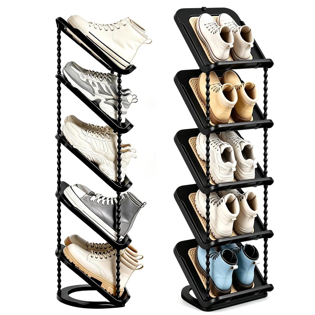 Patinao Sloping Narrow Shoe Rack 5 Tiers - Free Standing Vertical Shoes Racks for Small Spaces and Corner, Shoe Storage Organizer for Entryway, Tall Slim Shoe Shelf Cabinet for Shoes Boots - Black