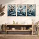 3pcs Vintage Nautical Canvas Wall Art Sailboat Rudder And Anchor Painting Pictures Nautical Coastal Posters Prints Wall Decor Antique Sailboat Nautical Artwork for Home Living Room Bedroom Unframed