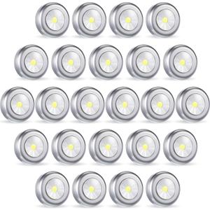 Macarrie 24 Pcs Push Tap Light 2.68" Mini Night Touch LED Puck Lamp Wireless Portable Under Cabinet 60 Lumens Battery Operated Stick On Lights for Counter Wall Closet Kitchen(Silver)