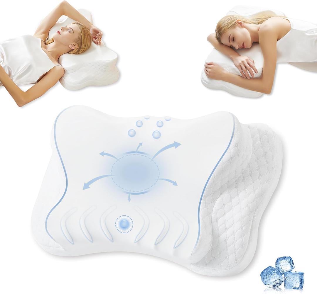Releep Adjustable Neck Pillow, Cooling Ergonomic Side Sleeper Pillow, Contour Neck Support Pillow, Memory Foam Bed Pillow for Back Stomach Sleeper, White