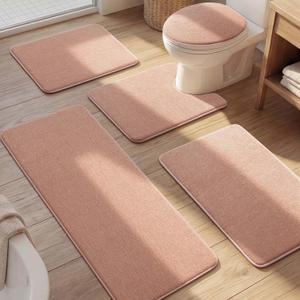 YIHOUSE Bathroom Rug Set 5 Piece, Memory Foam Pink Bath Mat Set Non-Slip Quick Dry Absorbent Bath Mats for Bathrooom