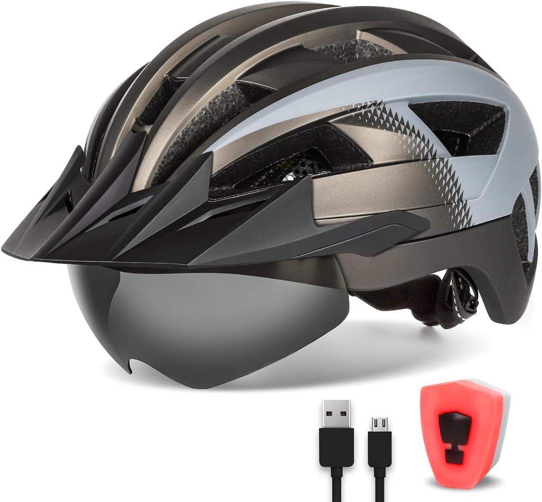 Adult Bike Helmet with Visor and Goggles for Men Women Mountain Road Bicycle Helmet Rechargeable Rear Light Cycling Helmet (L: 57-61 cm (22.4-24 inches), Ti Grey)