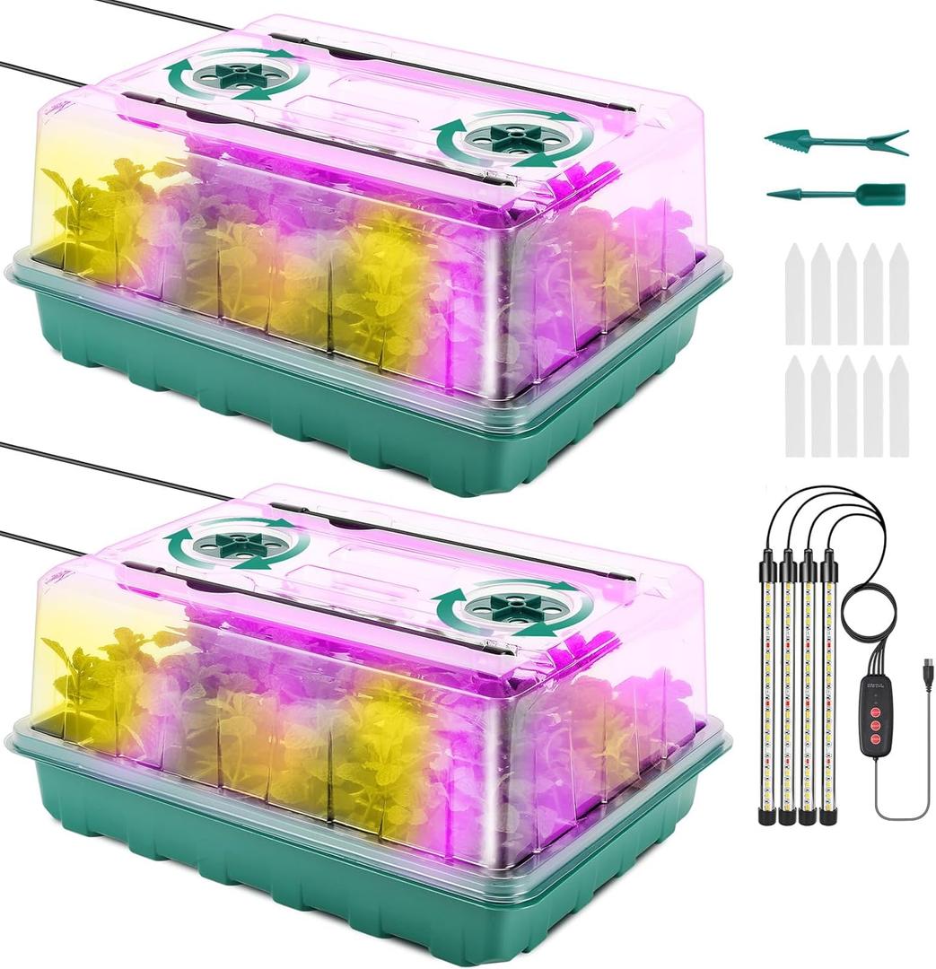 96 Cell Seed Starter Tray with Grow Light, Seed Starter Kit with Adjustable Humidity Dome, Seed Starting Trays Plant Starter Kit for Seeds Growing Starting, Indoor Gardening, Greenhouse