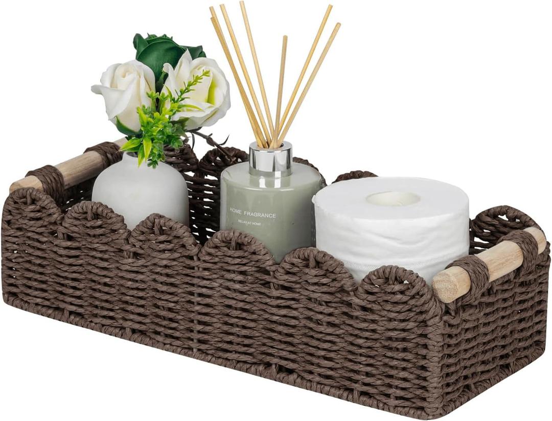 CubesLand Paper Rope Scalloped Edge Shelves Storage Basket, Woven Toilet Paper Baskets for Over Toilet Storage Shelf, Ending Table, Floating Shelves Organizing or Home Dcor, with Wood Handle, Brown (M - 14"L x 6.3"W x 3.9"H)