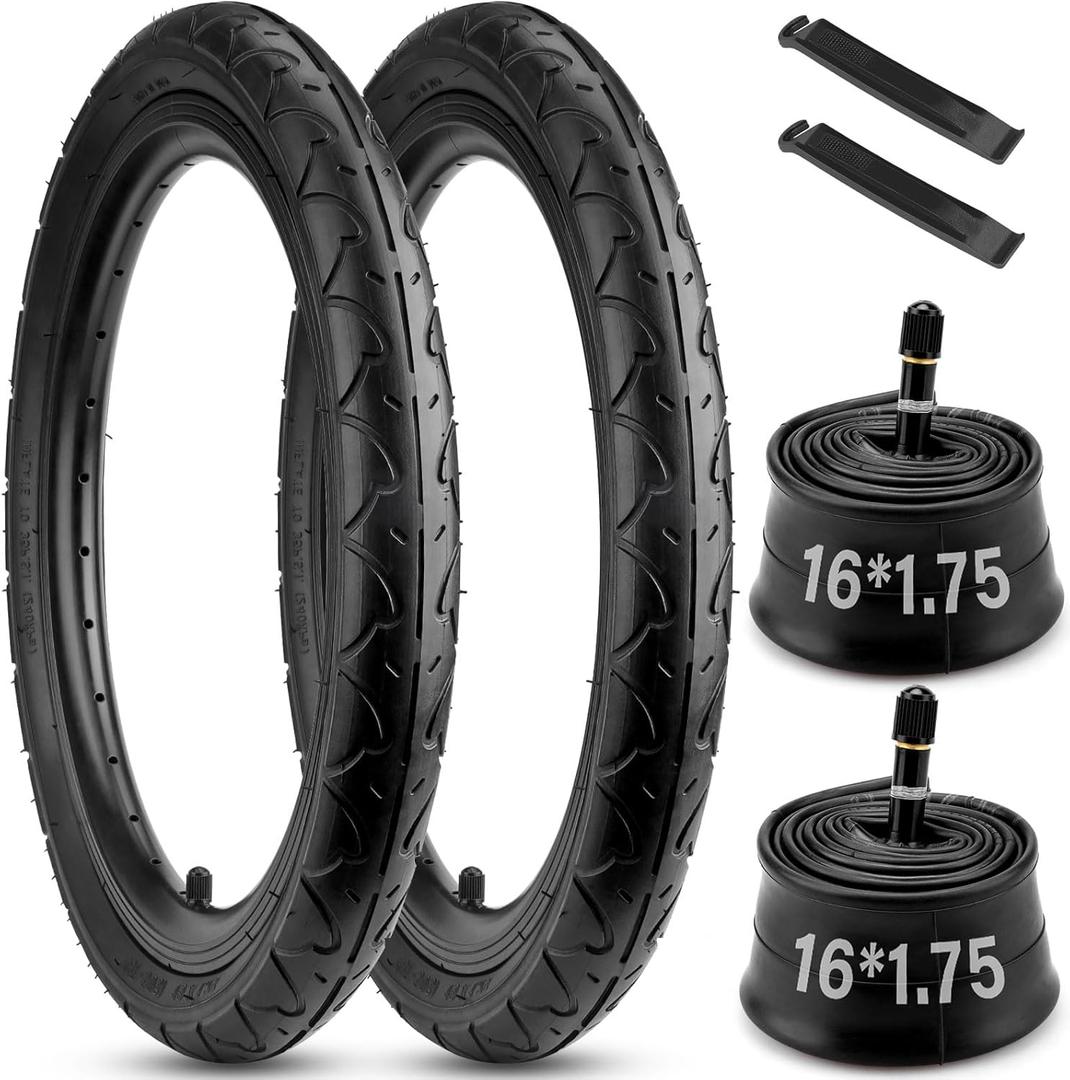 16x1.75 Bike Tires, 2 Pack 16 x 1.75 Bicycle Tire and Tube with Schrader Valve, Rear 16 x 1.75/47-305 Stroller Tire with 2 Tire Levers, Compatible with Kids Bike/Stroller/Road