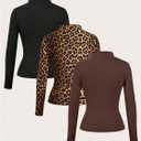 RoseSeek Women's 3 Pack T Shirts Cheetah Mock Neck Long Sleeve T Shirt Slim Fit Fall Tops Multicolor Medium