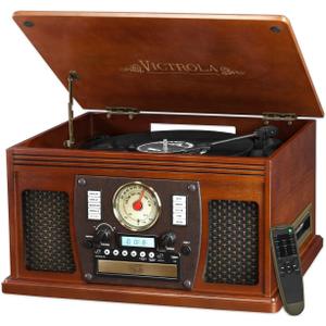 Victrola Navigator 8-in-1 Bluetooth Record Player with Built-in Speakers 3 Speed, CD Player, Cassette, FM Radio, USB, RCA Out, Headphone Jack, Wireless Music Streaming, Real Wood, Mahogany