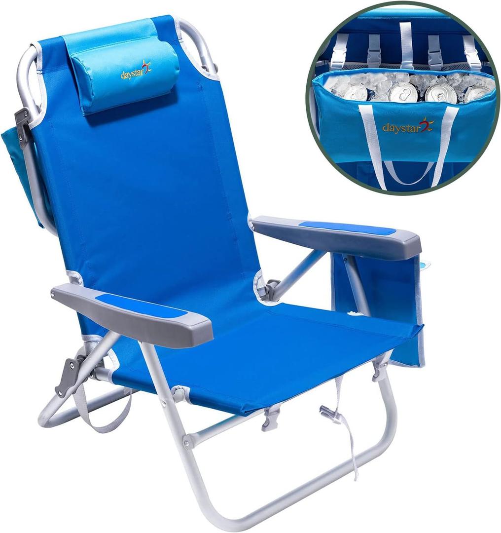 SUNNYFEEL Low Beach Chair 5 Position Lay Flat, Portable Folding Backpack Beach Chairs Heavy Duty with Cooler Bag, Cup Holder for Outdoor/Lawn/Trip/Picnic/Fishing, Foldable Camping Chair (New Blue)