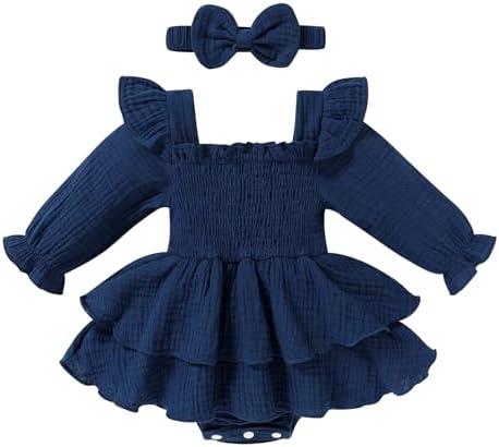 YOUNGER TREE Baby Girl Fall Clothes Infant Long Sleeve Ruffle Romper Dress with Headband Cute Toddler Winter Outfits 3-6M 1Pcs