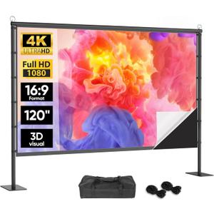 Outdoor Projector Screen with Black Backing - 120 inch Portable Projection Screen with Stand, 16:9 Wrinkle-Free Opaque Movie Screen with Carry Bag for Indoor Home Theater Backyard Cinema