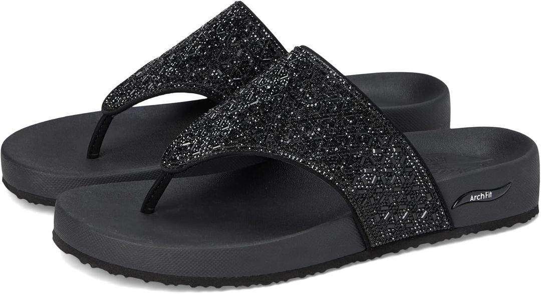 Skechers Women's Arch FIT Vinyasa - Glam TIME, Embellished Hooded Thong, Black/Black, 8M