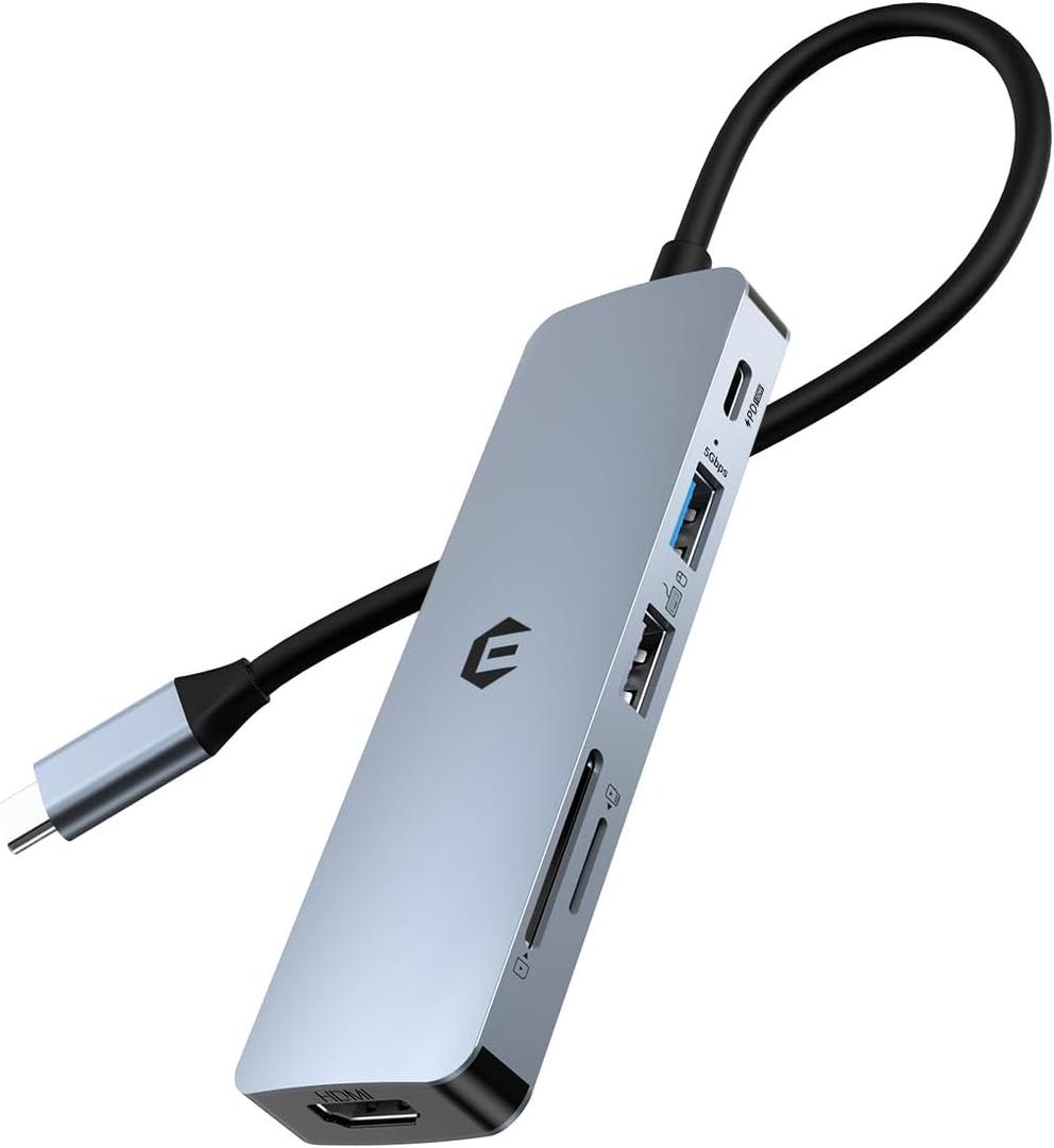 USB C Hub, 6 in 1 Adapter, 4K HDMI, 100W PD, USB 3.0/2.0, SD/TF Card Reader, Compatible with Mac Pro/Air, iPad Pro and More
